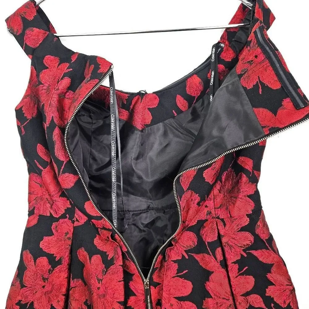 NWT CALVIN KLEIN Off The Shoulder Red & Black Brocade Fit & Flare Dress Size 10P - Picture 9 of 9
